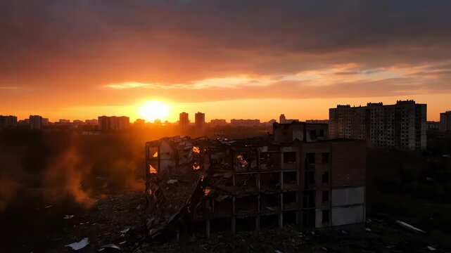 A cinematic aerial view of a ruined cityscape and destroyed architecture during a dramatic fiery sunset