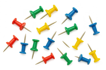 Colorful push pins on a transparent background office supply concept