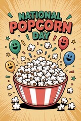 Celebrate National Popcorn Day with a bowl of popcorn and colorful balloons in a fun atmosphere for everyone to enjoy together