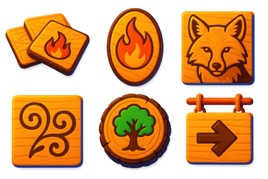 Set of wooden icons with a tree and a fire - Powered by Adobe