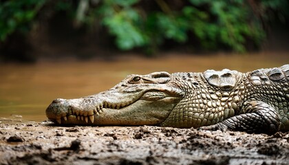 Obraz premium a crocodile resting on the muddy banks of a jungle river its textured scales blending into the scene