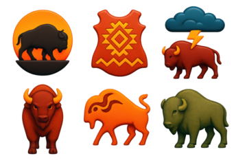 Bison Icon Set. 3D icon set of symbolic bison elements: silhouette against sunset, tribal pattern hide, thundercloud above,