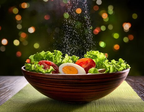 cuenco de bambu oscuro con ensalada de lechuga tomate huevo con aceite de oliva echado por encima sobre fondo desenfocado luminoso