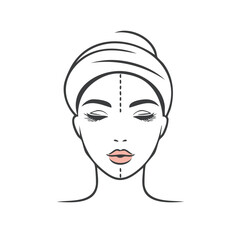 Beauty face icon for cosmetic procedures vector outline illustration, woman with eyes closed and towel