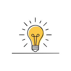 Doodle style lightbulb icon illuminating with bright rays showcasing a creative idea and energy source