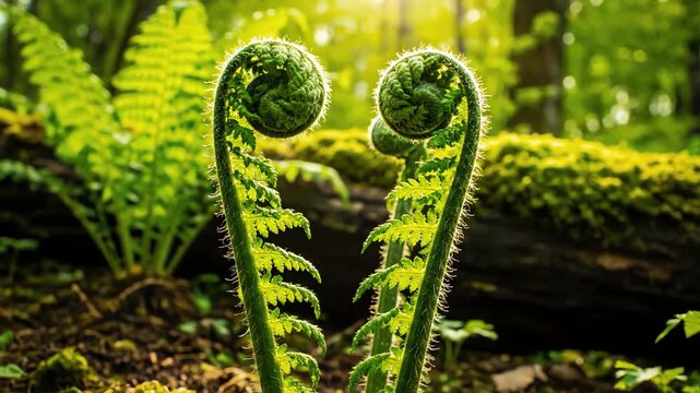 A close-up time-lapse of two green fern fiddleheads unfurling in a sunlit spring forest