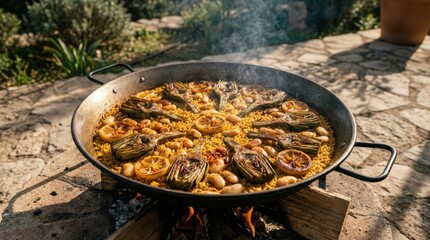 A traditional paella with artichokes and beans cooking in a large pan over an open wood fire on a sunny outdoor stone terrace.