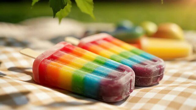 Two colorful rainbow popsicles resting on a checkered picnic blanket in a sunny summer garden with cicada sounds