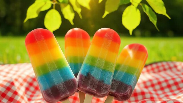 A close up of four colorful rainbow popsicles at a summer picnic in a sunny park with cicadas buzzing.
