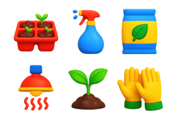Bright Greenhouse Icons. 3D icon set of greenhouse tools: seed tray, spray bottle, potting soil, heat lamp, plant sprout, gloves.