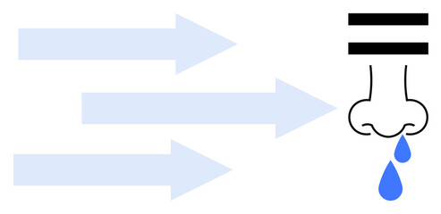Arrows symbolize airflow directed toward a nose experiencing irritation and droplets, representing an allergic reaction. Ideal for health, allergy awareness, pollution, protection, sensitivity