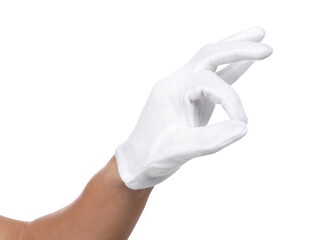 Man in cloth glove showing OK gesture on white background, closeup