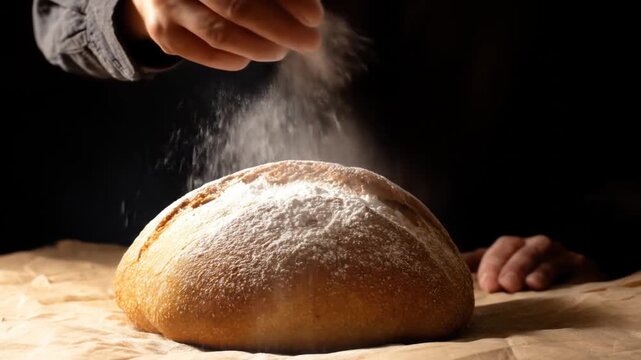 Freshly baked bread with flour dusting on wooden surface
