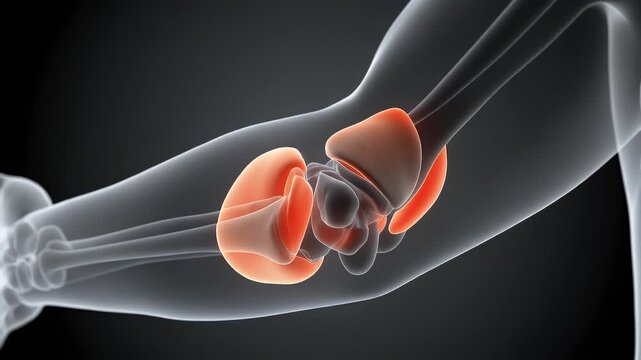 Anatomical illustration of the human elbow joint, highlighting the distal humerus, proximal ulna, and radius, showcasing cartilage and bone structures