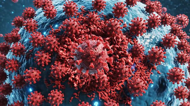 Detailed 3D rendering of numerous red SARS-CoV-2 viruses with spike proteins attached to a blue cellular surface