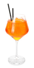 Glass of refreshing spritzer cocktail isolated on white
