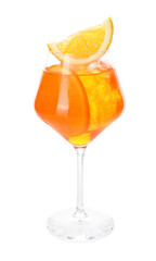 Glass of refreshing spritzer cocktail isolated on white