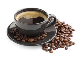 Aromatic coffee in cup and beans on white background