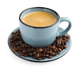 Aromatic coffee in cup and beans on white background