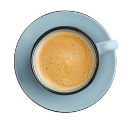 Aromatic coffee in cup on white background, top view