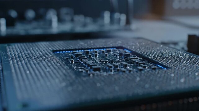 Futuristic Macro View of a Computer Processor Socket on a Motherboard with Glowing Blue Light