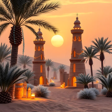 AI Exotic Non-Cliche New Year. A festive desert oasis scene with tall clay towers adorned with glowing glass bead garlands, snow-tipped palms, and a soft golden sunset, capturing exotic holiday charm.
