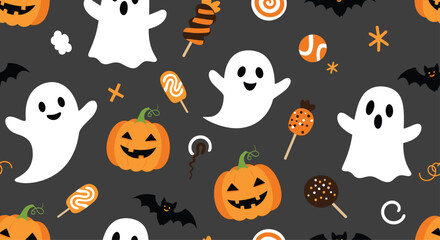 Halloween themed pattern with cheerful white ghosts smiling carved pumpkins playful bats candy swirls and treats scattered across a dark gray background.