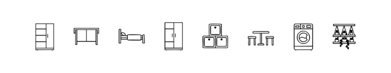 Black-and-white home icons showing furniture and appliances like bed, desk, wardrobe, washer, and lighting.