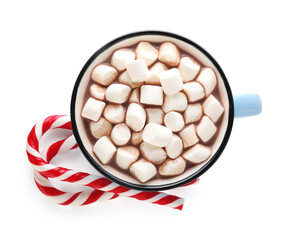 Tasty hot cocoa with marshmallows and candy canes isolated on white, top view