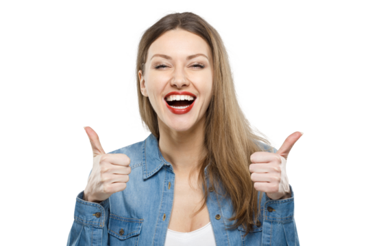 Very happy woman giving a double thumbs up gesture, winking and expressing strong approval - Powered by Adobe