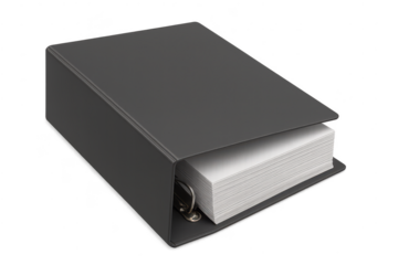 Ring binder, gray and full of documents, transparent background image