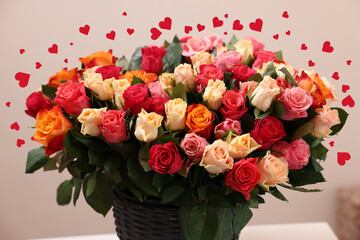 Bouquet of beautiful roses and hearts on romantic greeting card