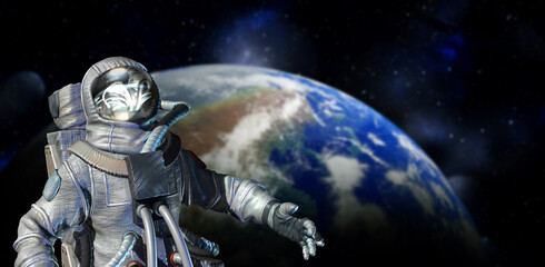 Astronaut wearing special suit and celestial body in space. Banner design