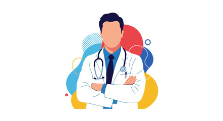 Fototapeta premium Confident doctor in a white lab coat with a stethoscope crosses arms amid bold colorful abstract shapes and circles behind a modern clinical practice theme.