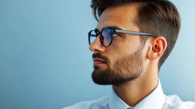 Contemplative Profile: A poised gentleman, sporting smart spectacles and a meticulously groomed beard, casts a contemplative glance against a subtly-shaded backdrop.