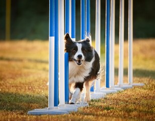 skilled border collie navigates through through agility slalom course