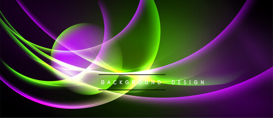 Abstract glowing lines form dynamic curves. Purple, green hues blend against dark backdrop. Text reads background design.