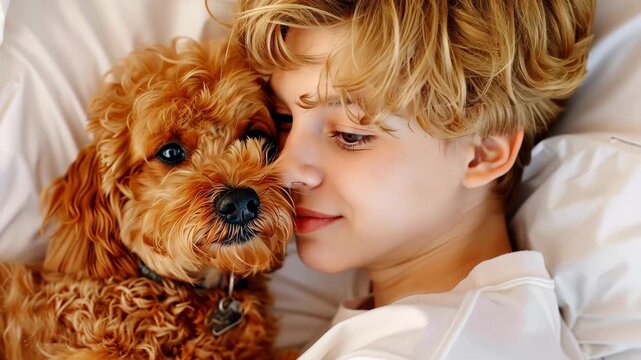 A Tender Moment: A young person shares a loving moment with their adorable puppy in a cozy bed, a testament to the warmth of companionship and the pure joy of unconditional love.