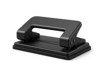 Black two-hole punch office supply with a transparent background image.