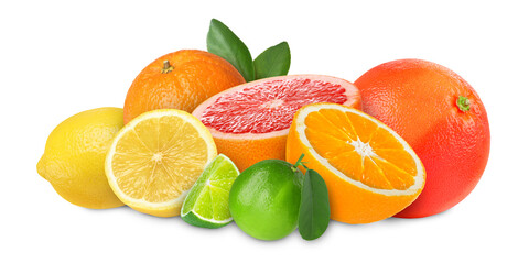 Citrus fruits isolated on white. Fresh oranges, lemons, limes and grapefruits