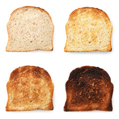 Toasts of different degrees of browning isolated on white, collection