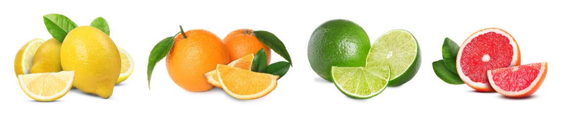 Collection of fresh citrus fruits isolated on white