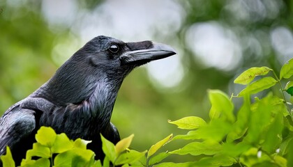 raven showcases its impressive beak while resting in vibrant green foliage