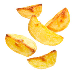 Baked potato wedges falling on white background