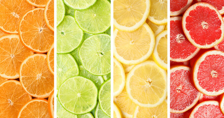 Citrus fruits collage, top view. Slices of lemon, orange, grapefruit and lime. Banner design