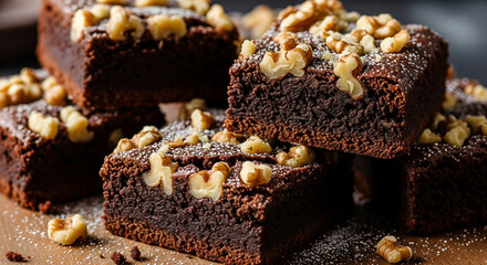 Close-up shot of fudgy sweet potato brownie squares topped with crushed walnuts, soft diffused lighting, macro food photography style