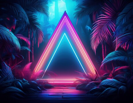 mysterious jungle at night with glowing neon triangle in blue and pink amidst lush tropical foliage - Powered by Adobe