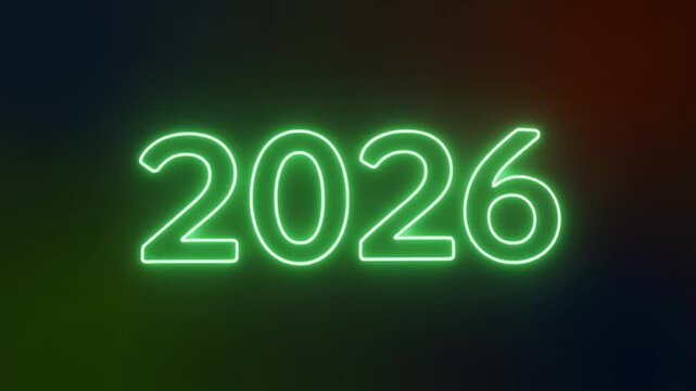 video animation - abstract neon light in green with the numbers 2026 - represents the new ye.