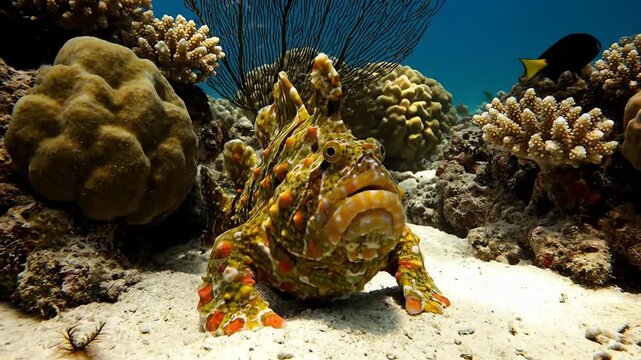 A unique camouflaged frogfish sits motionless on the sandy ocean floor surrounded by a vibrant coral reef.