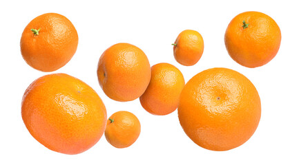 Fresh juicy tangerines flying in air on white background
